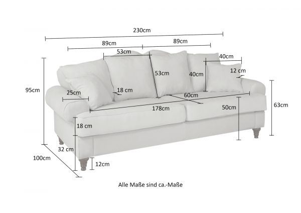 Sofa Adelina in hellgrau Landhaus Couch 3,5-Sitzer 230 cm