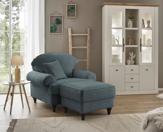 Sessel Set Adelina in grau Landhaus Loungesessel inklusive Hocker