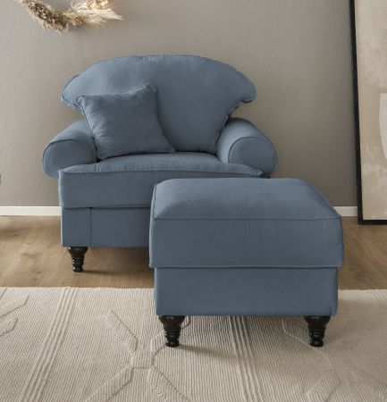 Sessel Set Adelina in blau Landhaus Loungesessel inklusive Hocker