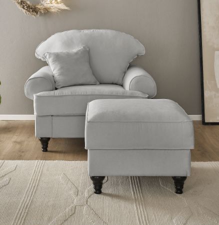 Sessel Set Adelina in hellgrau Landhaus Loungesessel inklusive Hocker