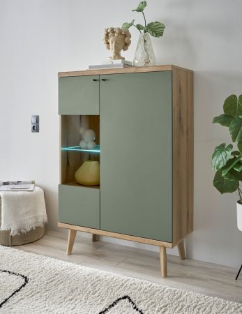 Highboard Juna in Salbei und Evoke Eiche Vitrine skandinavisch 90 x 134 cm