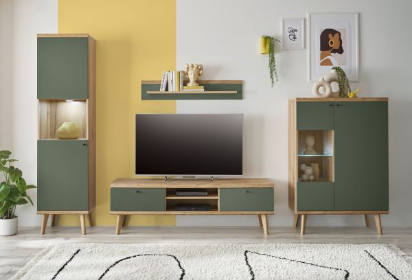 Highboard Juna in Salbei und Evoke Eiche Vitrine skandinavisch 90 x 134 cm