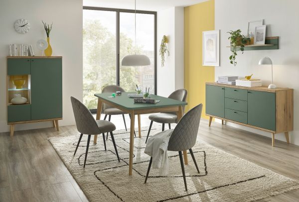 Highboard Juna in Salbei und Evoke Eiche Vitrine skandinavisch 90 x 134 cm