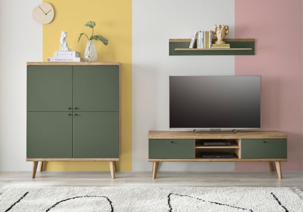 TV-Lowboard Juna in Salbei und Evoke Eiche TV Unterteil skandinavisch 160 x 50 cm