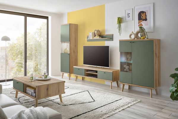 TV-Lowboard Juna in Salbei und Evoke Eiche TV Unterteil skandinavisch 160 x 50 cm