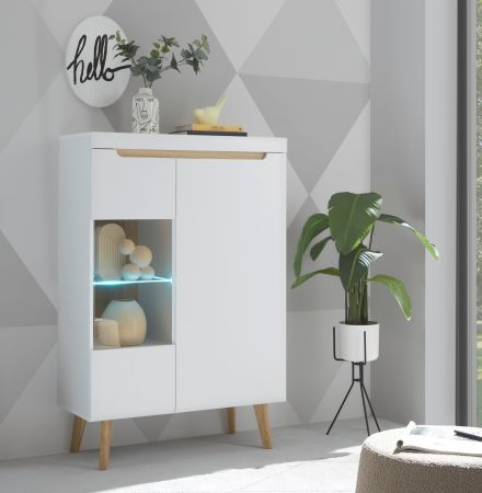 Highboard Isgard in wei� matt und Scandi Eiche Vitrine skandinavisch 90 x 134 cm
