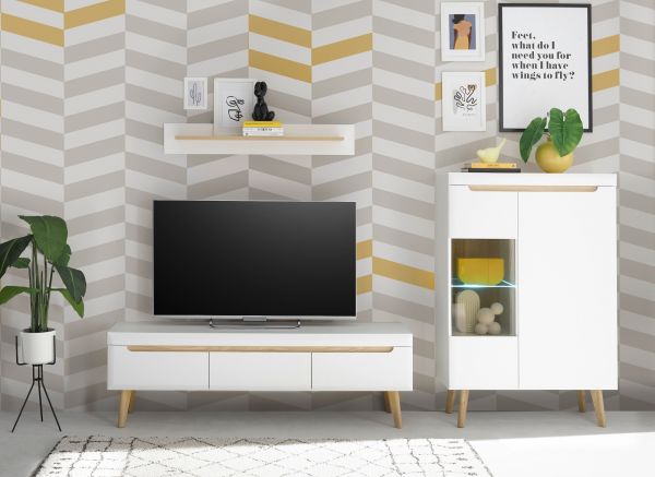 Highboard Isgard in wei� matt und Scandi Eiche Vitrine skandinavisch 90 x 134 cm