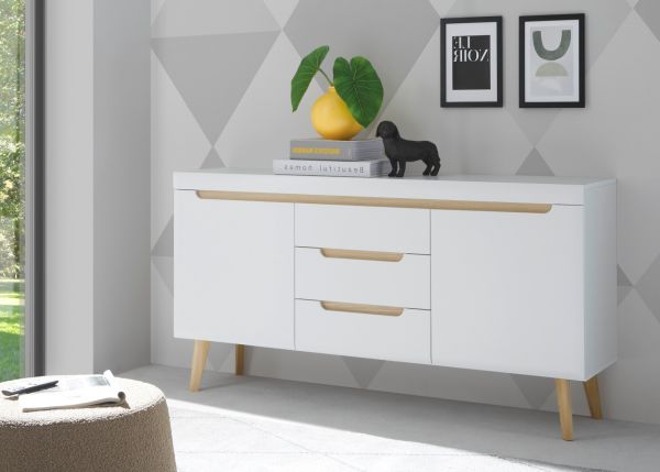 Sideboard Isgard in wei� matt und Scandi Eiche Kommode skandinavisch 160 cm, Soft-Close