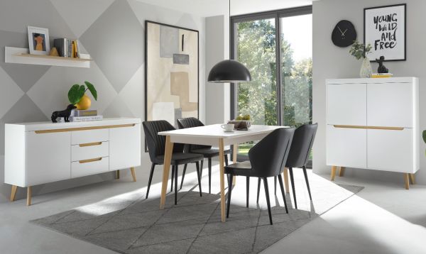 Sideboard Isgard in wei� matt und Scandi Eiche Kommode skandinavisch 160 cm, Soft-Close
