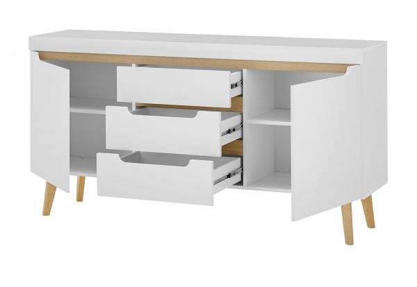 Sideboard Isgard in wei� matt und Scandi Eiche Kommode skandinavisch 160 cm, Soft-Close