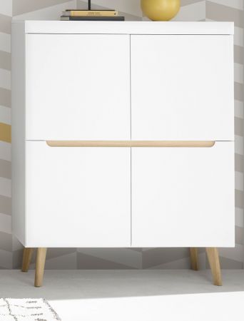 Highboard Isgard in wei� matt und Scandi Eiche Kommode skandinavisch 107 x 134 cm