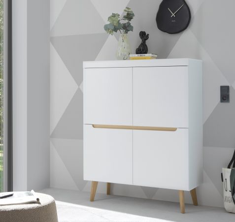 Highboard Isgard in wei� matt und Scandi Eiche Kommode skandinavisch 107 x 134 cm