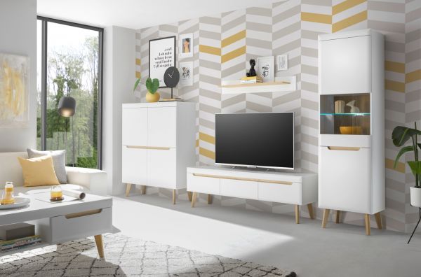 Highboard Isgard in wei� matt und Scandi Eiche Kommode skandinavisch 107 x 134 cm