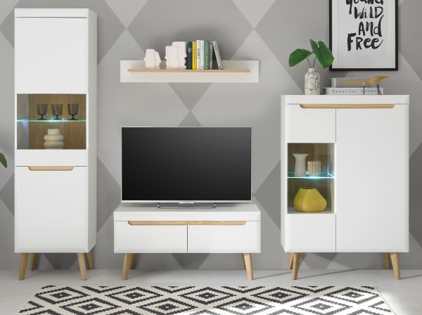 Wohnwand Isgard in wei� matt und Scandi Eiche Wohnkombination skandinavisch 4-teilig 290 x 197 cm