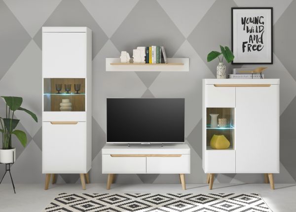 Wohnwand Isgard in wei� matt und Scandi Eiche Wohnkombination skandinavisch 4-teilig 290 x 197 cm