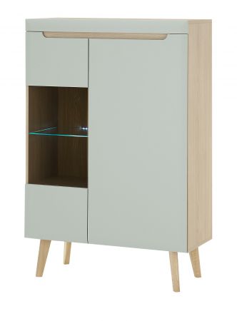 Highboard Isgard in Pistazie matt und Scandi Eiche Vitrine skandinavisch 90 x 134 cm