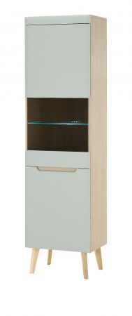 Vitrine Isgard in Pistazie matt und Scandi Eiche Vitrinenschrank 53 x 197 cm mit Soft-Close