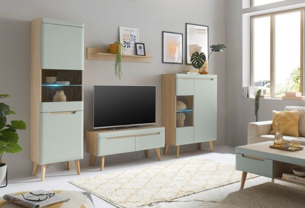 TV-Lowboard Isgard in Pistazie matt und Scandi Eiche TV Unterteil skandinavisch 107 x 50 cm