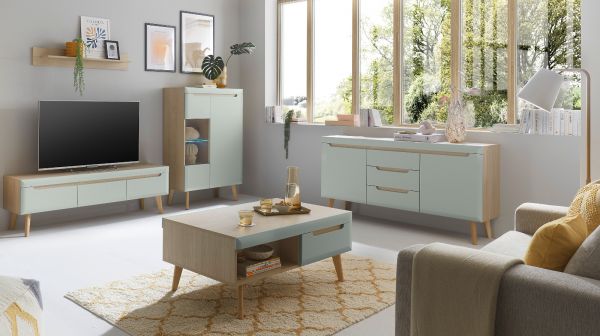 Couchtisch Isgard in Pistazie matt und Scandi Eiche Beistelltisch skandinavisch 107 x 67 cm