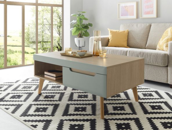 Couchtisch Isgard in Pistazie matt und Scandi Eiche Beistelltisch skandinavisch 107 x 67 cm