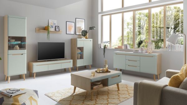 Couchtisch Isgard in Pistazie matt und Scandi Eiche Beistelltisch skandinavisch 107 x 67 cm