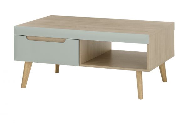Couchtisch Isgard in Pistazie matt und Scandi Eiche Beistelltisch skandinavisch 107 x 67 cm