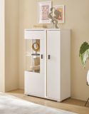 Vitrine Bellport in wei� matt und Wotan Eiche Highboard inklusive Frontbeleuchtung 80 x 125 cm