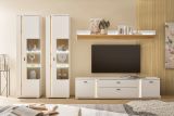 Wohnwand Bellport in wei� matt und Wotan Eiche Wohnkombination inklusive Frontbeleuchtung 330 x 200