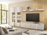 Wohnwand Bellport in wei� matt und Wotan Eiche Wohnkombination inklusive Frontbeleuchtung 330 x 200