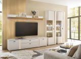 Wohnwand Bellport in wei� matt und Wotan Eiche Wohnkombination inklusive Frontbeleuchtung 330 x 200