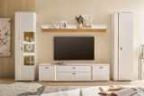 Wohnwand Bellport in wei� matt und Wotan Eiche Wohnkombination inklusive Frontbeleuchtung 330 x 200