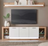 TV-Lowboard und Wandboard Rivian in wei� matt und Evoke Eiche Wohnkombination Set 2-teilig 198 cm
