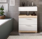 Badezimmer Waschbeckenunterschrank Mambo in wei� Hochglanz und Sonoma Eiche Badschrank 60 cm