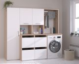 Waschmaschinenschrank Laundry in wei� und Jackson Eiche Set 3-teilig 204 x 184 cm