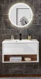 Badm�bel Set Glide in wei� Hochglanz und Eiche mit Waschbecken und LED Beleuchtung 80 x 190 cm