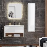 Badm�bel Set Glide in wei� Hochglanz und Eiche mit Waschbecken und LED Beleuchtung 120 x 190 cm