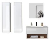 Badm�bel Set Glide in wei� Hochglanz und Eiche mit Waschbecken und LED Beleuchtung 160 x 190 cm