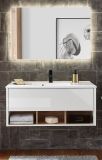 Badm�bel Set Glide in wei� Hochglanz und Eiche mit Waschbecken und LED Beleuchtung 100 x 190 cm