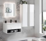 Badm�bel Set Glide in wei� Hochglanz und grau mit Waschbecken und LED Beleuchtung 160 x 190 cm