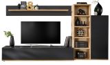 Wohnwand Lester in Schwarz und Eiche, Schrankwand 240 cm mit Push-to-Open