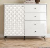 Kommode Relief in Wei� Hochglanz, Sideboard mit 3-D Struktur 110 x 96 cm, Vollauszug
