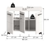 Waschbeckenunterschrank Talerno in Wei� Hochglanz, Badschrank 3-t�rig 80 x 58 cm auf Rollen