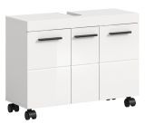 Waschbeckenunterschrank Talerno in Wei� Hochglanz, Badschrank 3-t�rig 80 x 58 cm auf Rollen