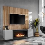 TV-Lowboard Set iLike in hellem Grau mit schwarz und Eiche Artisan, Set mit Akustikpaneel und Ethanol Kamin
