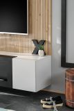 TV-Lowboard Set iLike in hellem Grau mit schwarz und Eiche Artisan, Set mit Akustikpaneel und Ethanol Kamin