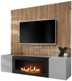 TV-Lowboard Set iLike in hellem Grau mit schwarz und Eiche Artisan, Set mit Akustikpaneel und Ethanol Kamin