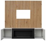 TV-Lowboard Set iLike in hellem Grau mit schwarz und Eiche Artisan, Set mit Akustikpaneel und Ethanol Kamin