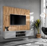 TV-Lowboard Set iLike in hellem Grau und Artisan Eiche 160 cm, Flat-TV Unterschrank mit Wandpaneel