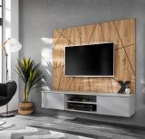 TV-Lowboard Set iLike in hellem Grau und Artisan Eiche 160 cm, Flat-TV Unterschrank mit Wandpaneel