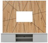 TV-Lowboard Set iLike in hellem Grau und Artisan Eiche 160 cm, Flat-TV Unterschrank mit Wandpaneel